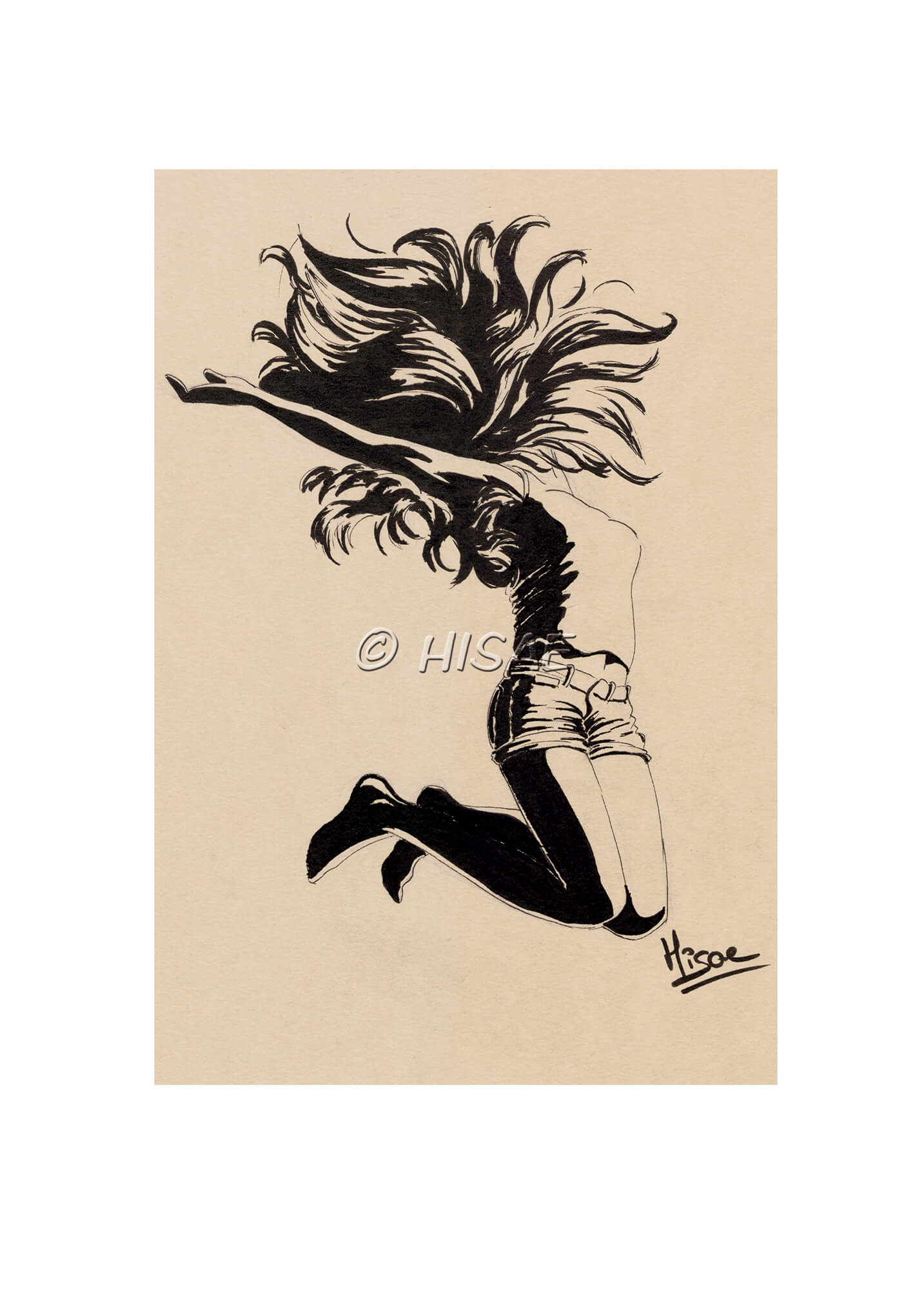 Impression laser d'un dessin à l'encre représentation une femme qui saute de joie ©Hisae illustrations