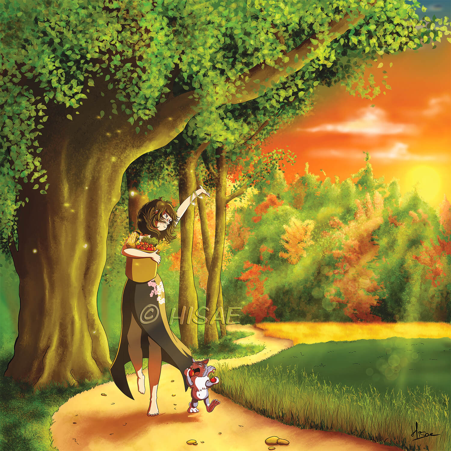 Dessin numérique de Mabon la fête paienne de l'équinoxe d'automne en septembre, représentant une femme près d'un bois saluant la nature, les bras chargés de fruits, légumes et céréales. Un chat marche à ses côté et croque une pomme ©Hisae illustrations
