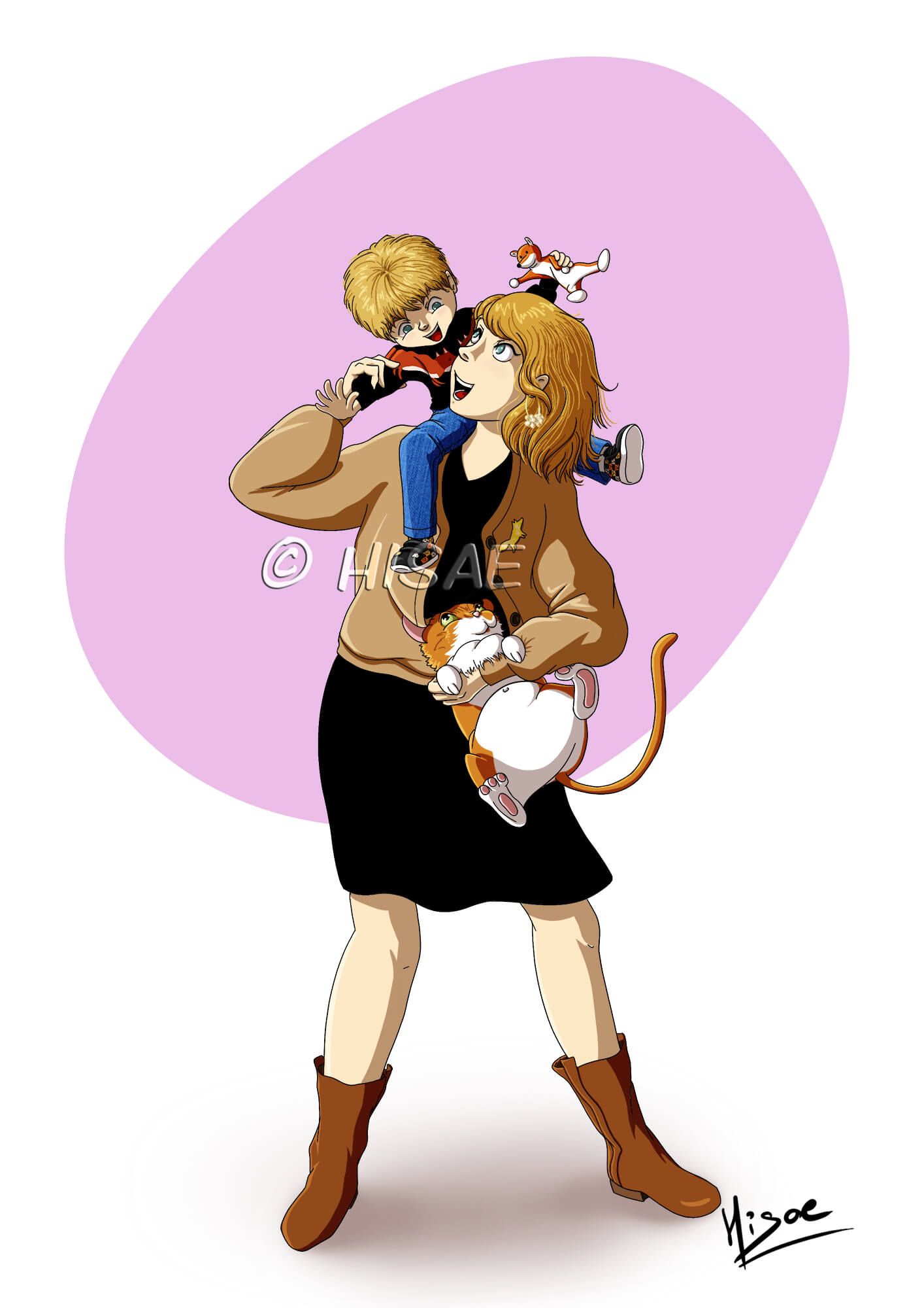 Dessin numérique représentant une maman qui porte son fils sur les épaules et son chat sous le bras ©Hisae illustrations