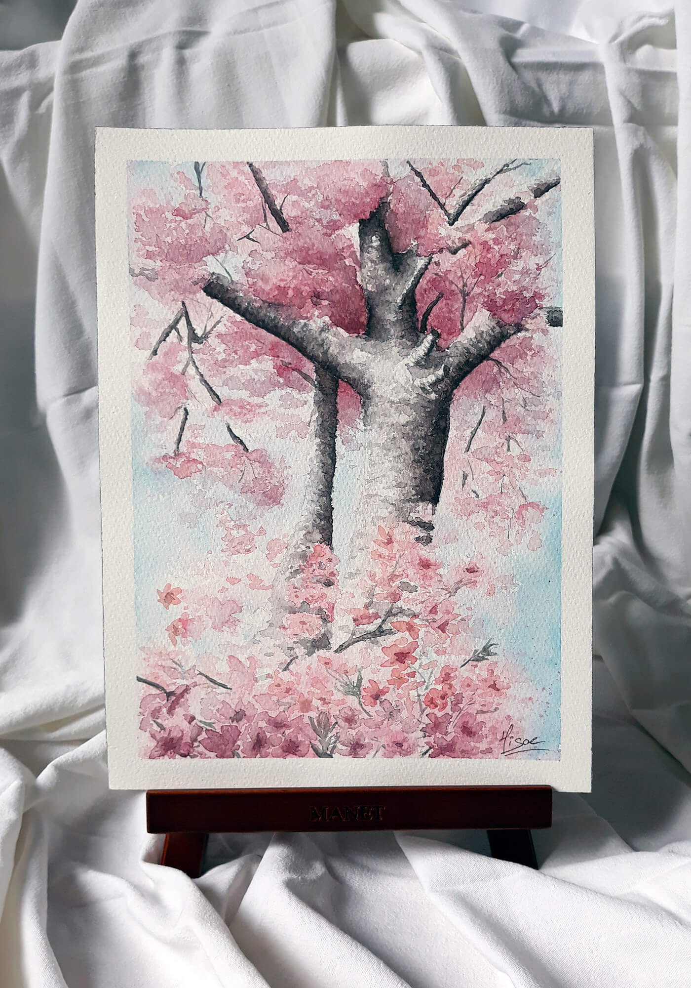 Aquarelle originale sur chevalet représentant un sakura, cerisier japonais en fleurs ©Hisae illustrations