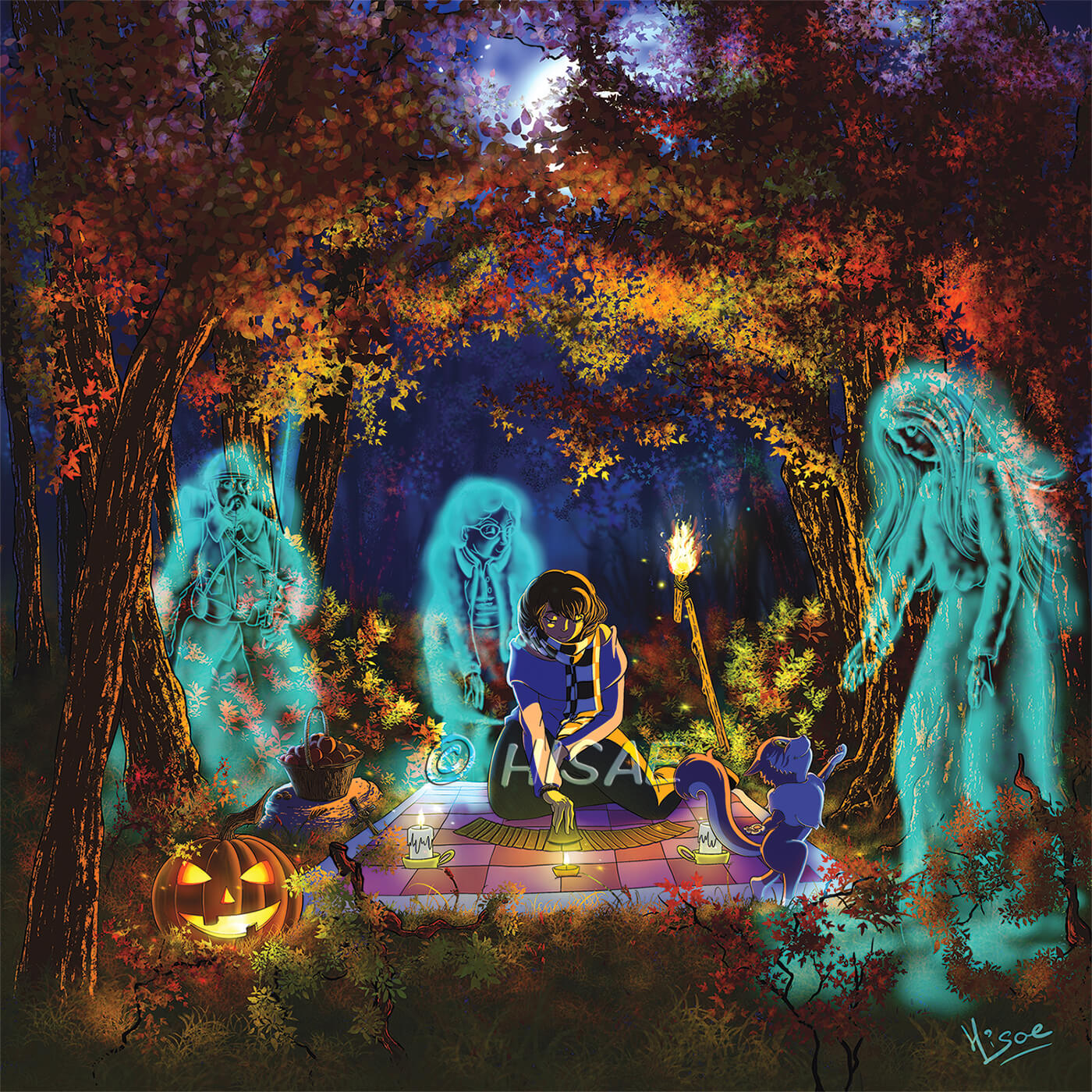 Dessin numérique de Samhain la fête païenne et celtique d'automne qui correspond à Halloween représentant une femme dans une forêt qui fait de la divination en tirant les carte près d'une torche, un chat qui accueille les esprits près d'une corbeille de fruits et d'une citrouille façon Jack O' Lantern ©Hisae illustrations