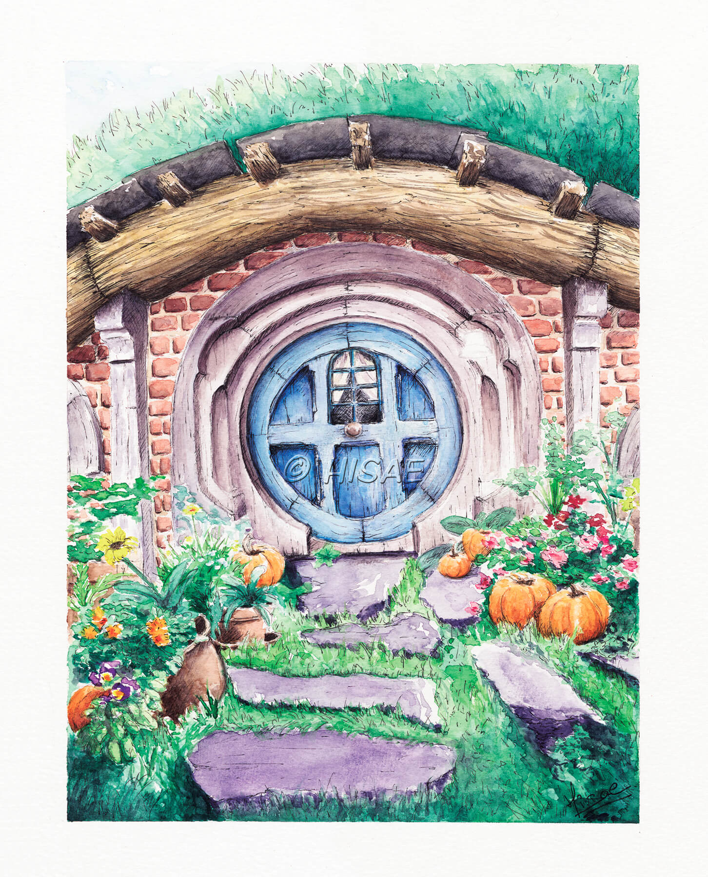 Impression laser d'une aquarelle d'une façade de maison de Hobbit de la Comté avec sa porte ronde ©Hisae illustrations