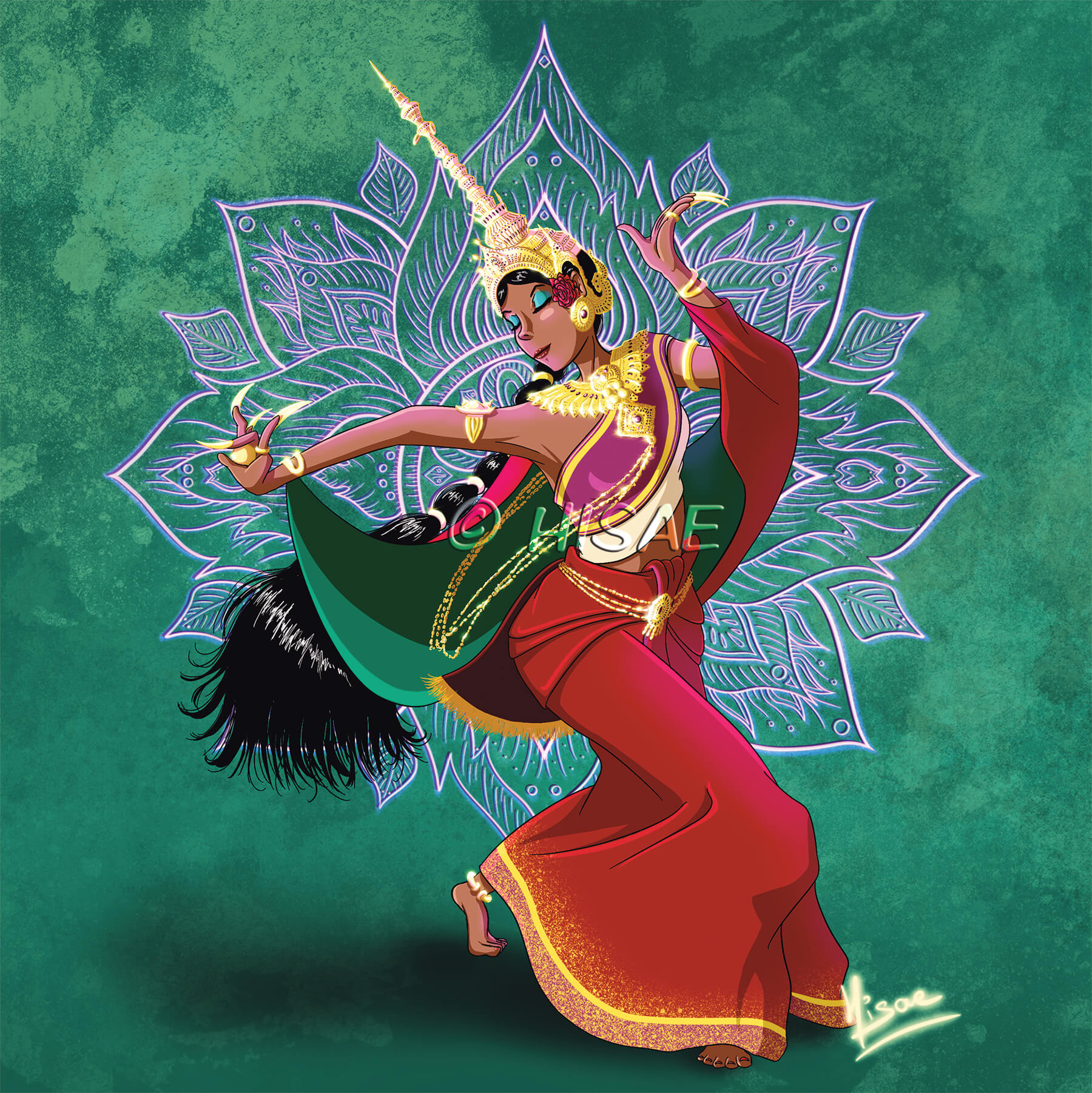 Dessin numérique d'une danseuse thaïlandaise en costume traditionnel sur mandala en fond ©Hisae illustrations