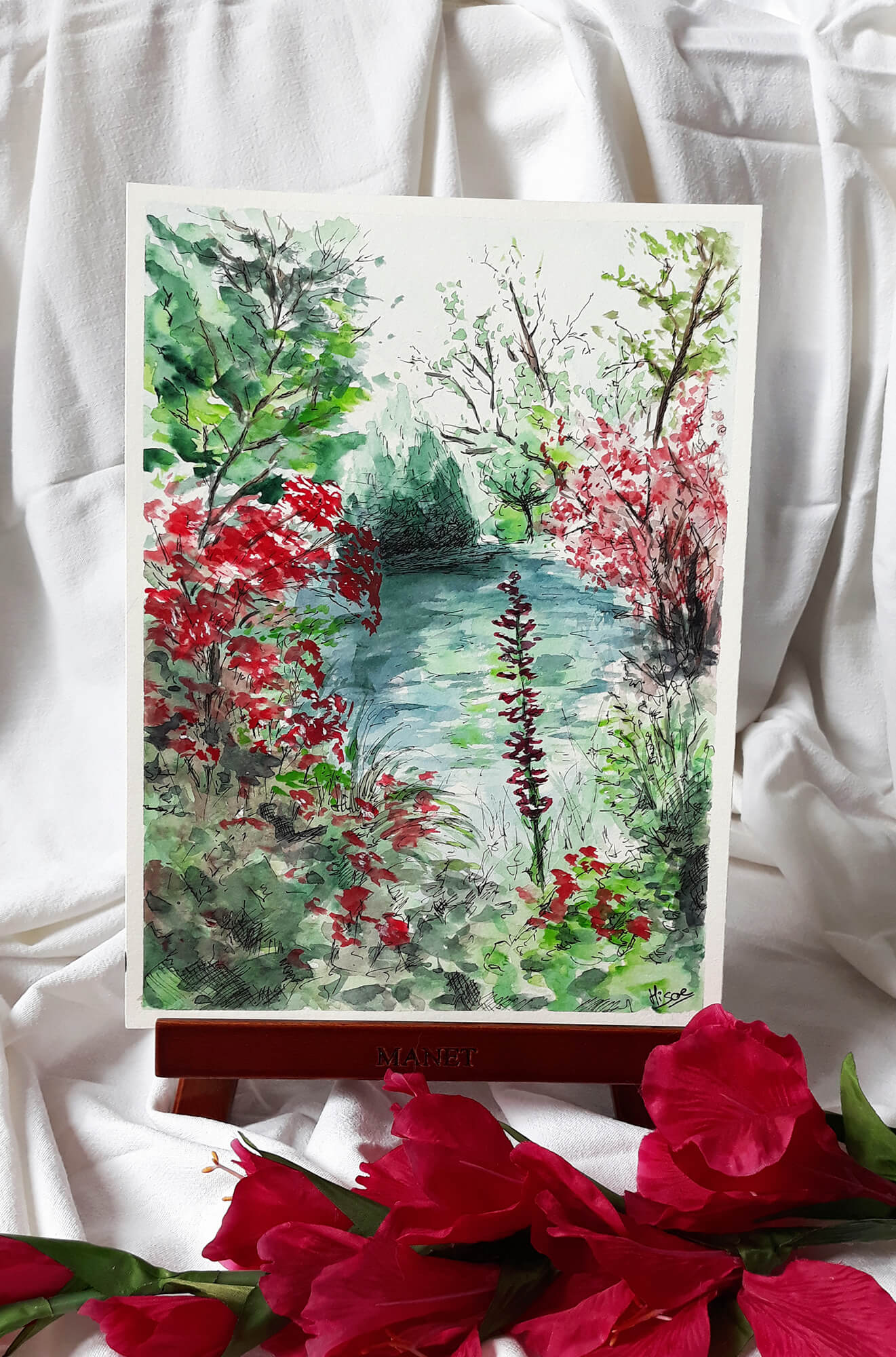Aquarelle originale sur chevalet d'une partie du jardin d'eau de Giverny avec son lac, ses fleurs et ses arbres ©Hisae illustrations