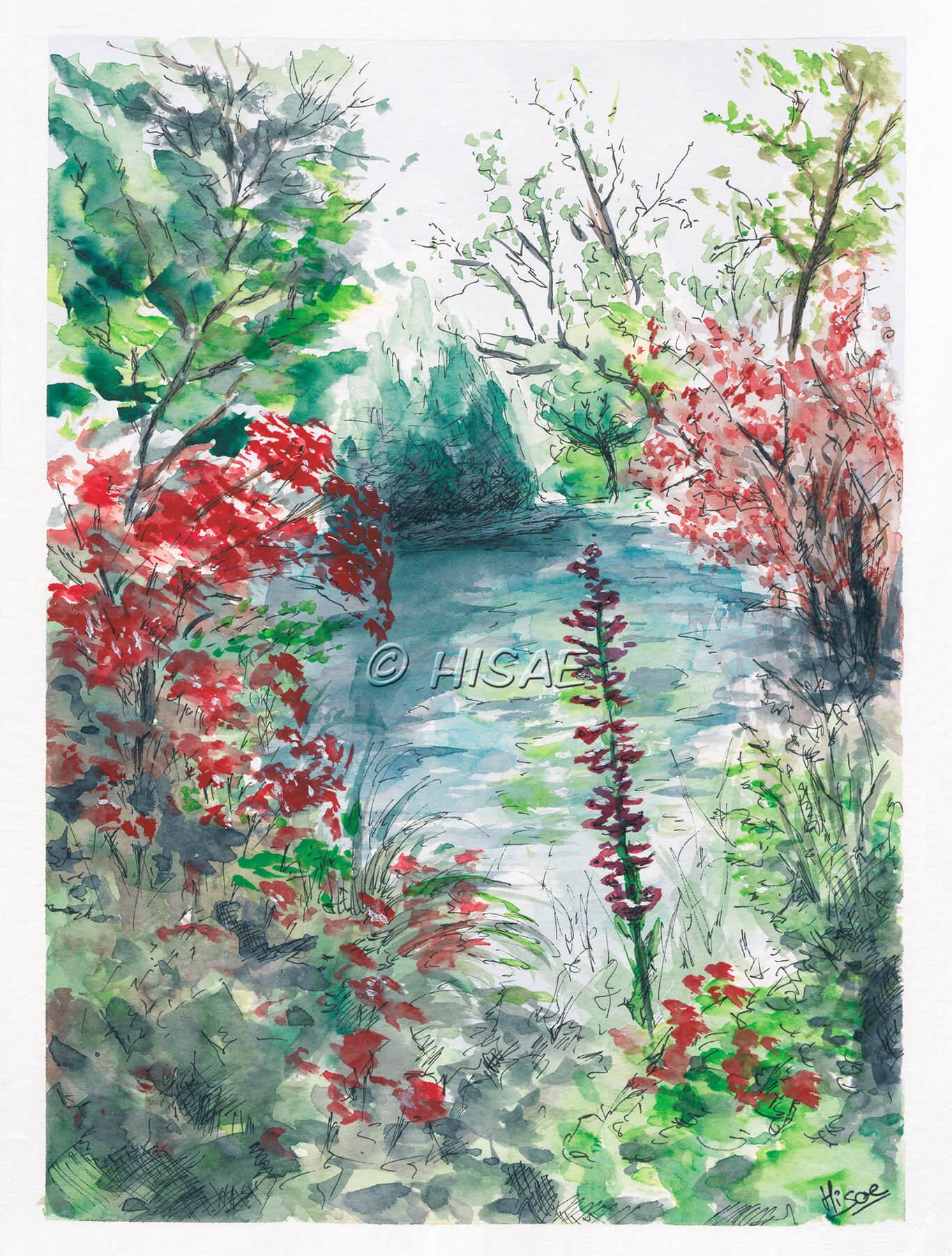 Impression laser d'une aquarelle d'une partie du jardin d'eau de Giverny avec son lac, ses fleurs et ses arbres ©Hisae illustrations