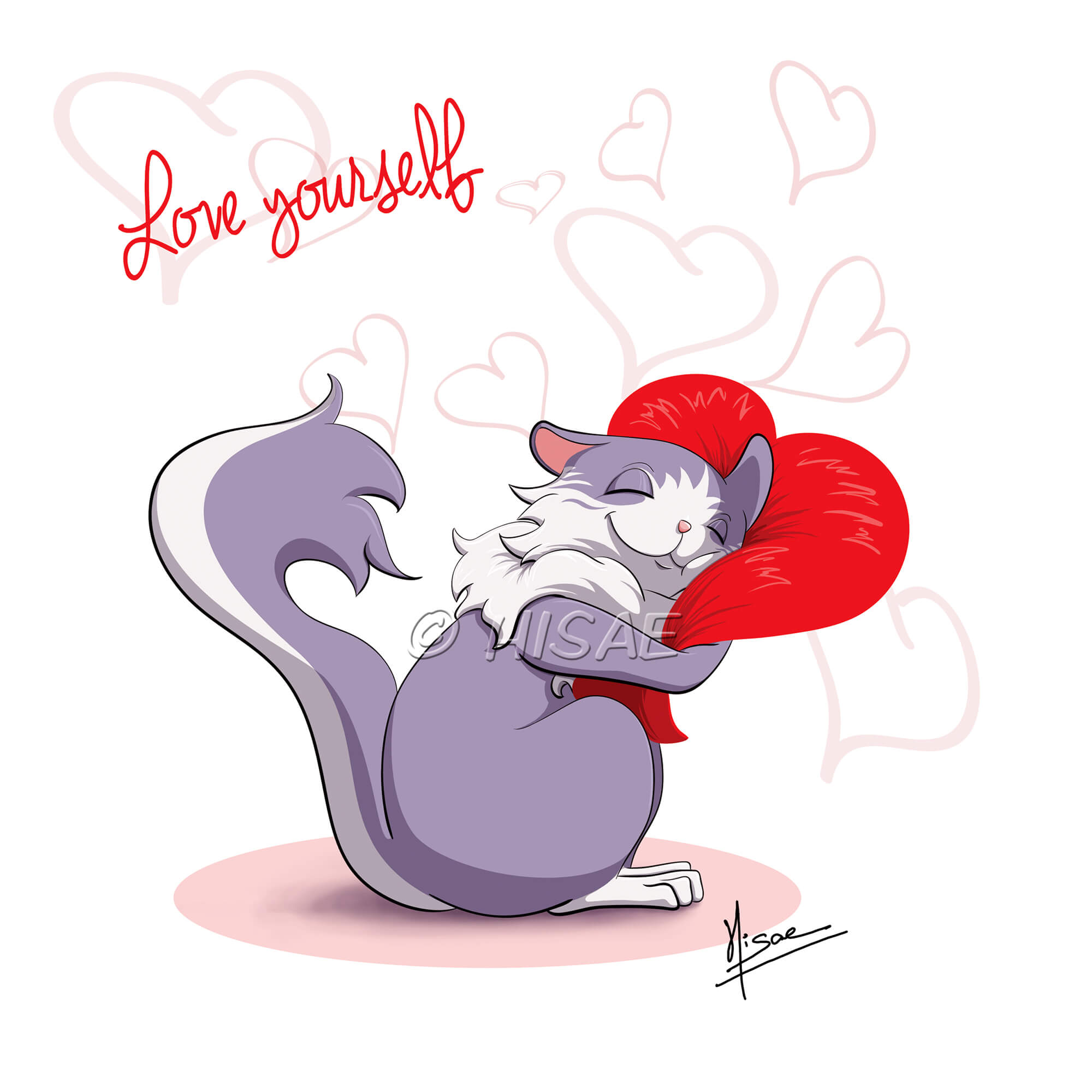 Dessin numérique sur l'amour de soi représentant un chat qui enlace un cœur ©Hisae illustrations