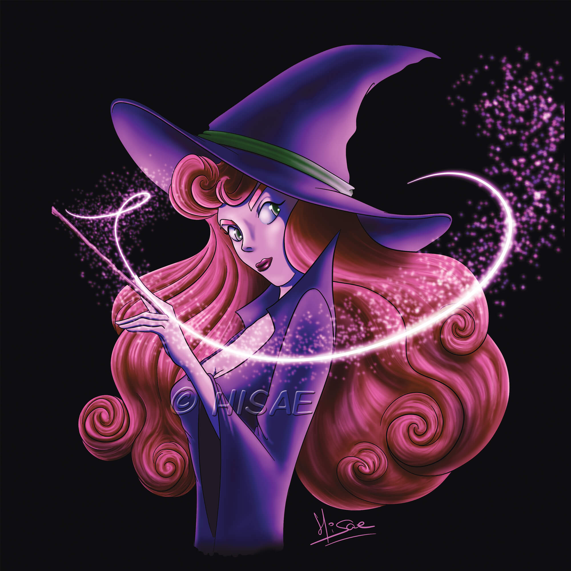 Dessin numérique représentant le portrait d'une sorcière, chapeau pointu sur la tête, qui fait un tour de magie ©Hisae illustrations