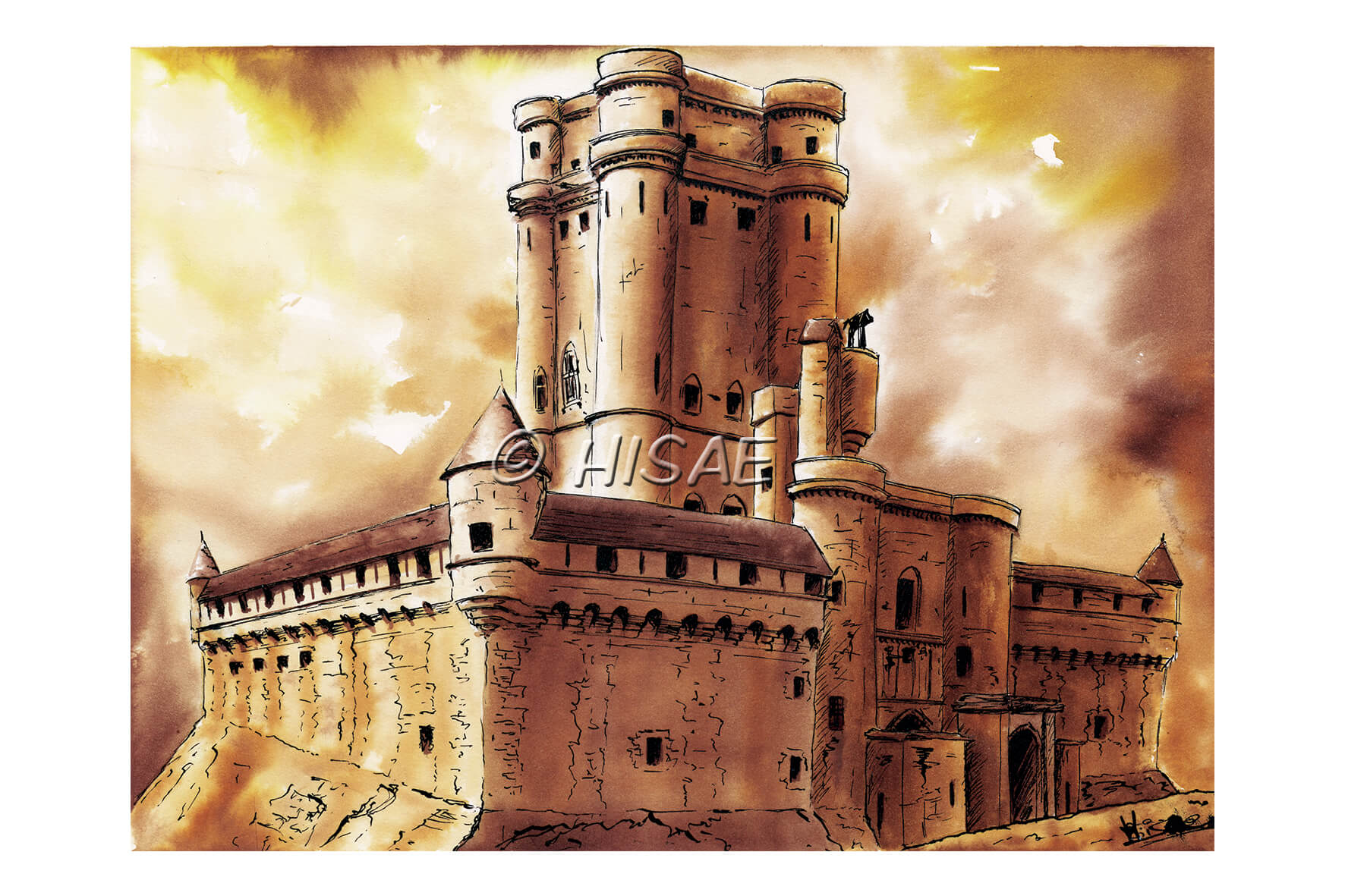 Impression laser format carte postale d'un dessin aux encres ocres représentant le donjon du château de Vincennes ©Hisae illustrations