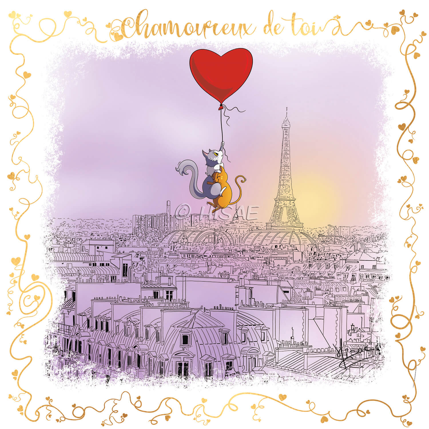 Dessin numérique format carte postale pour la Saint-valentin représentant deux chats amoureux accrochés à un ballon en forme de cœur qui survolent Paris ©Hisae illustrations
