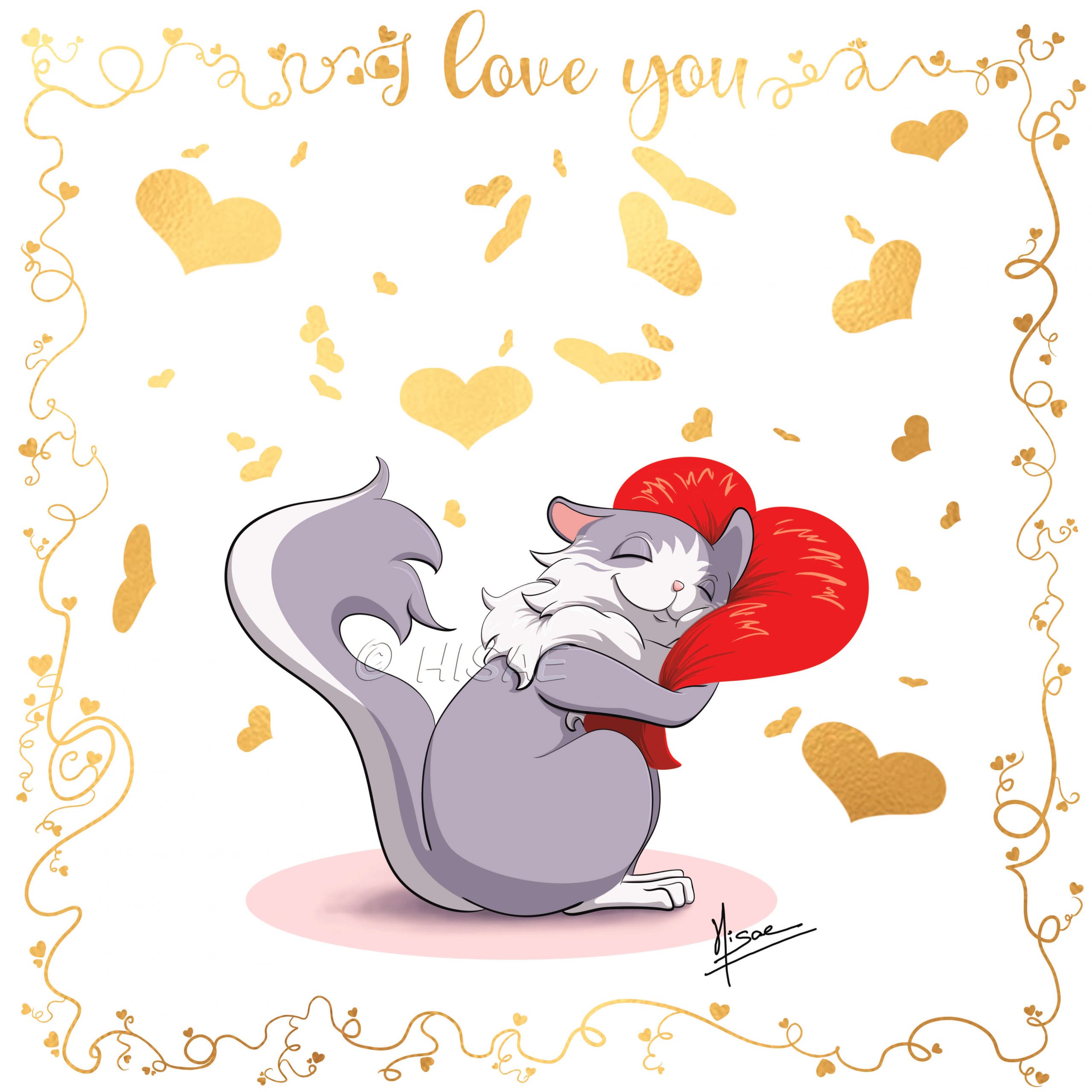 Dessin numérique format carte postale sur l'amour de soi représentant un chat qui enlace un cœur ©Hisae illustrations