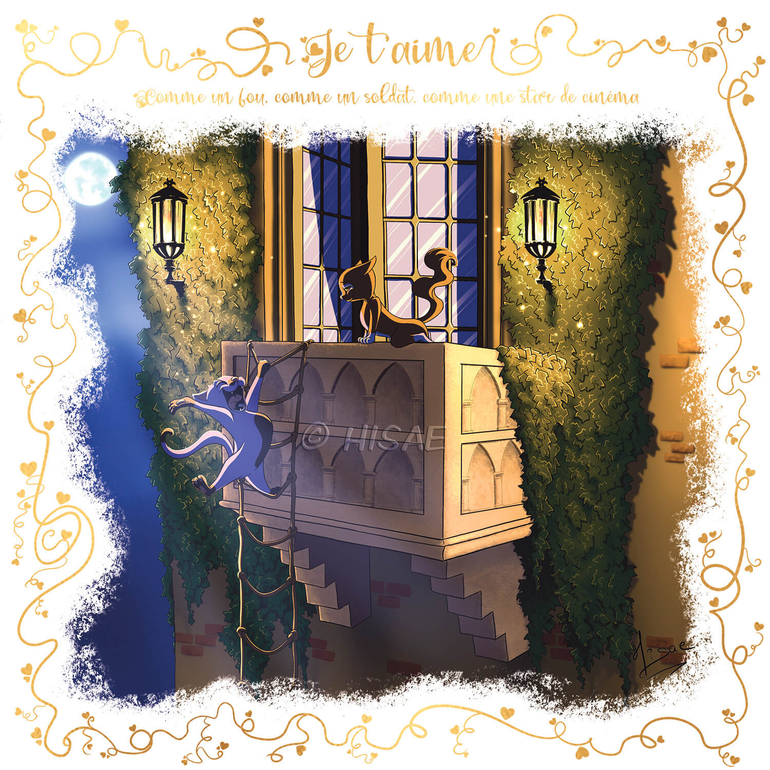 Dessin numérique format carte postale pour la Saint-valentin représentant la scène du balcon de Roméo et Juliette avec des chats ©Hisae illustrations