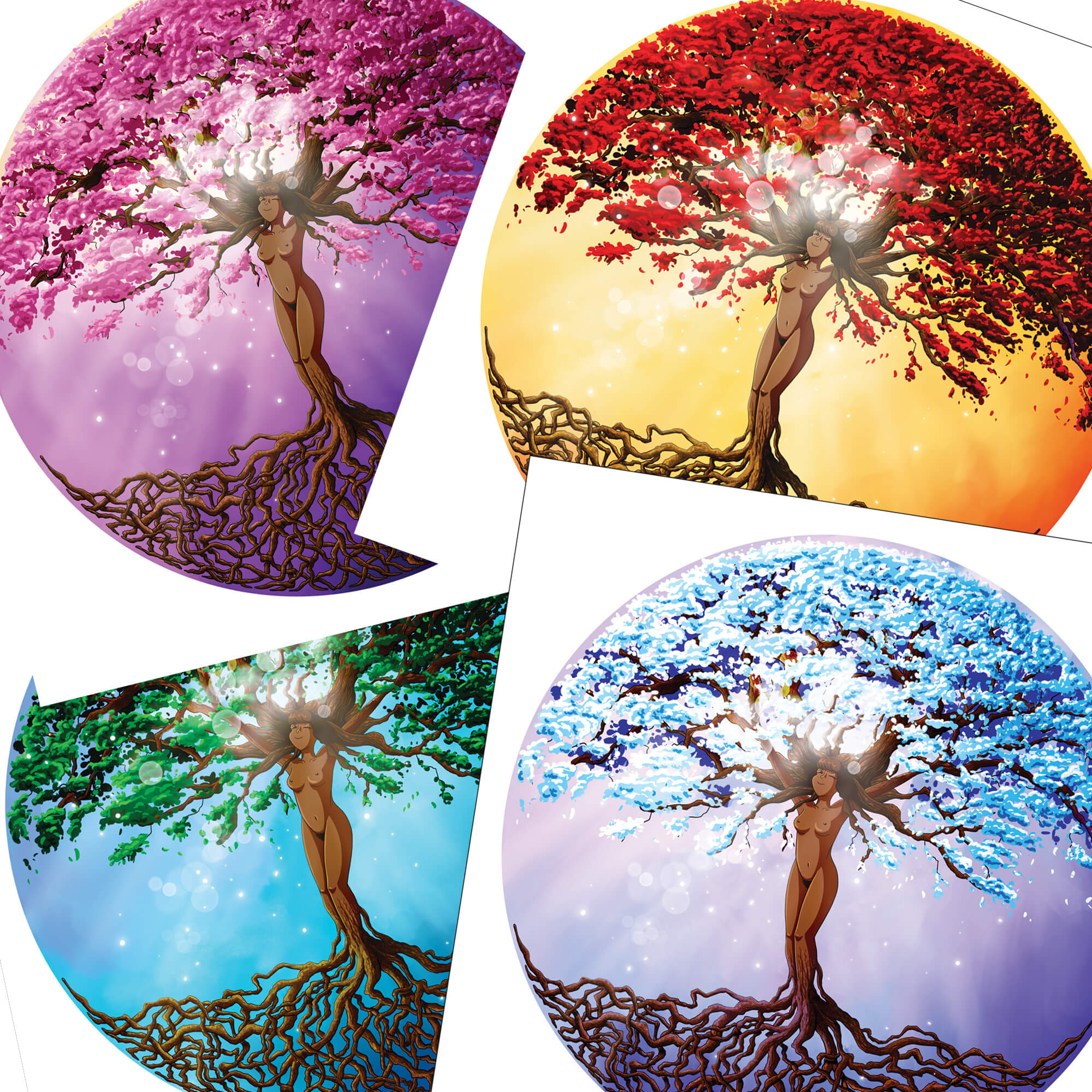 Quatre dessin représentant une femme-arbre de vie avec des floraisons selon les quatre saisons.