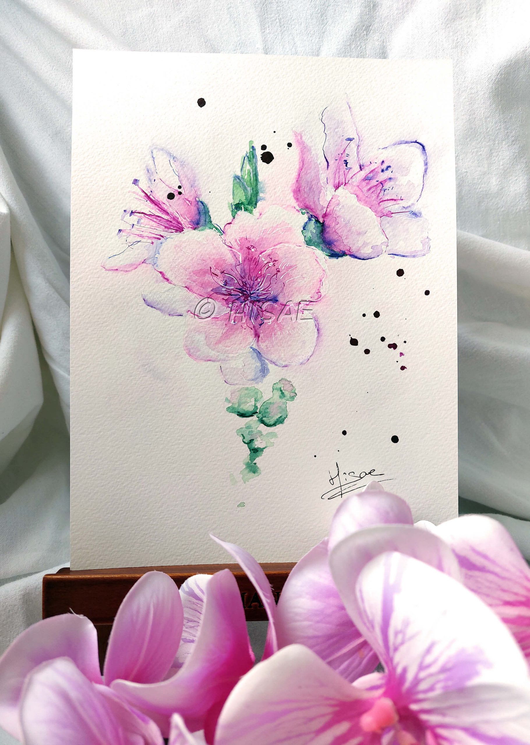 Aquarelle originale, présentée sur chevalet, représentant des fleurs de cerisiers japonais @Hisae illustrations