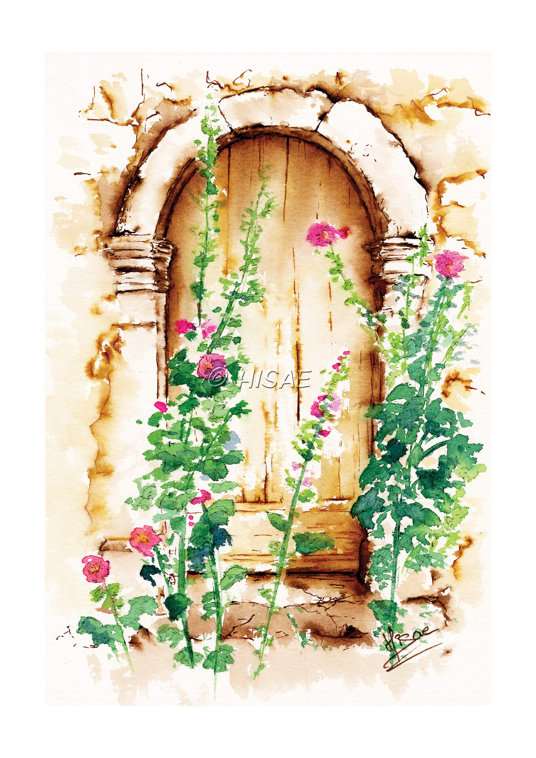 Impression d'un dessin original réalisé à l'encre et à l'aquarelle représentant une petite porte cachée derrière des roses trémières @Hisae illustrations