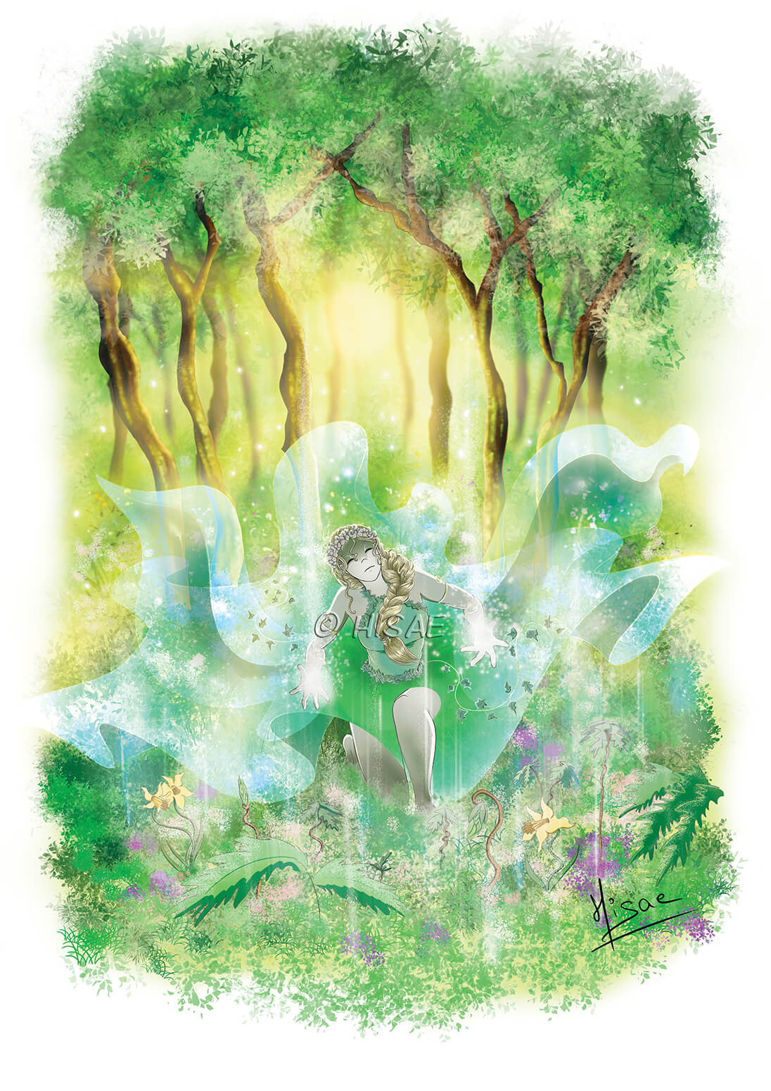Dessin numérique représentant une sorcière agenouillée dans la forêt et qui fait pousser des arbres avec sa magie @Hisae illustrations