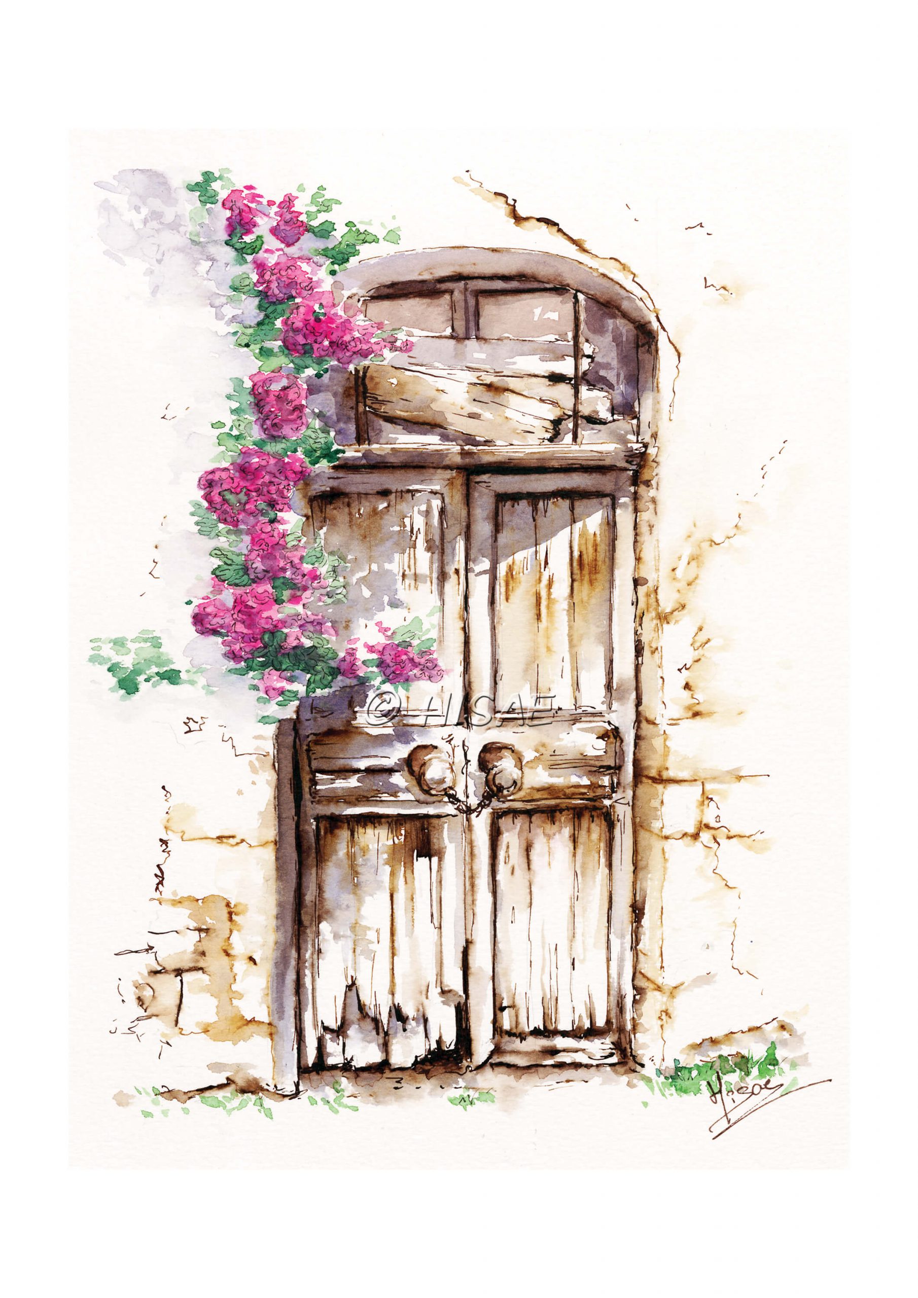 Impression d'un dessin original réalisé à l'encre et à l'aquarelle représentant une porte d'une maison abandonnée à côté de laquelle pend des fleurs grimpantes @Hisae illustrations