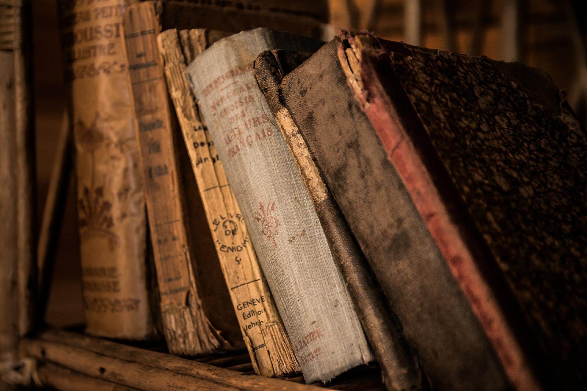 Des livres anciens alignés sur une étagère de bibliothèque