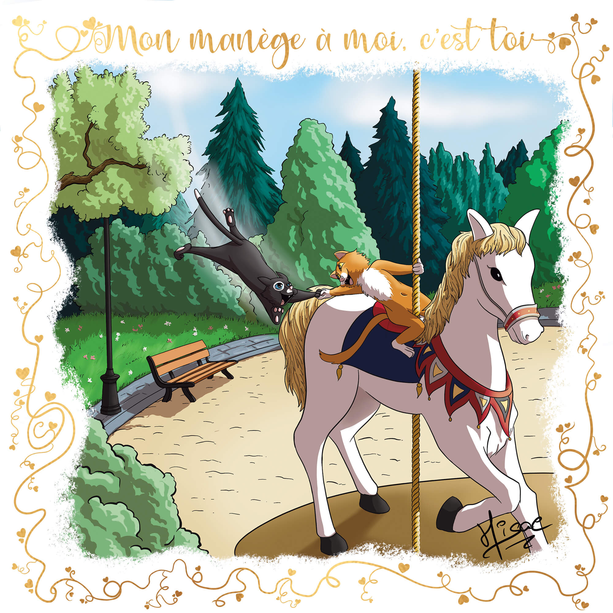 Dessin numérique format carte postale pour la Saint-valentin représentant un chat sur un cheval de bois qui attrape un autre chat par la main ©Hisae illustrations
