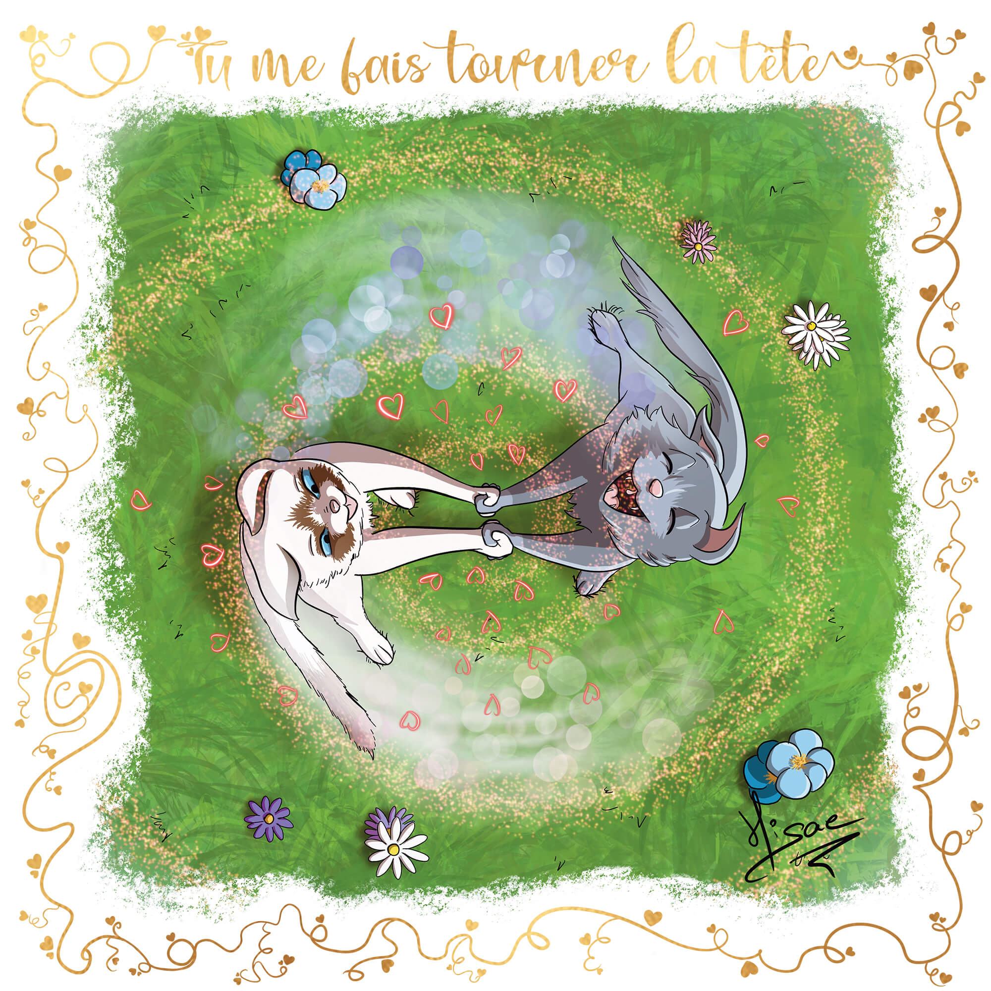 Dessin numérique format carte postale pour la Saint-valentin représentant deux chats amoureux dansant dans un pré ©Hisae illustrations