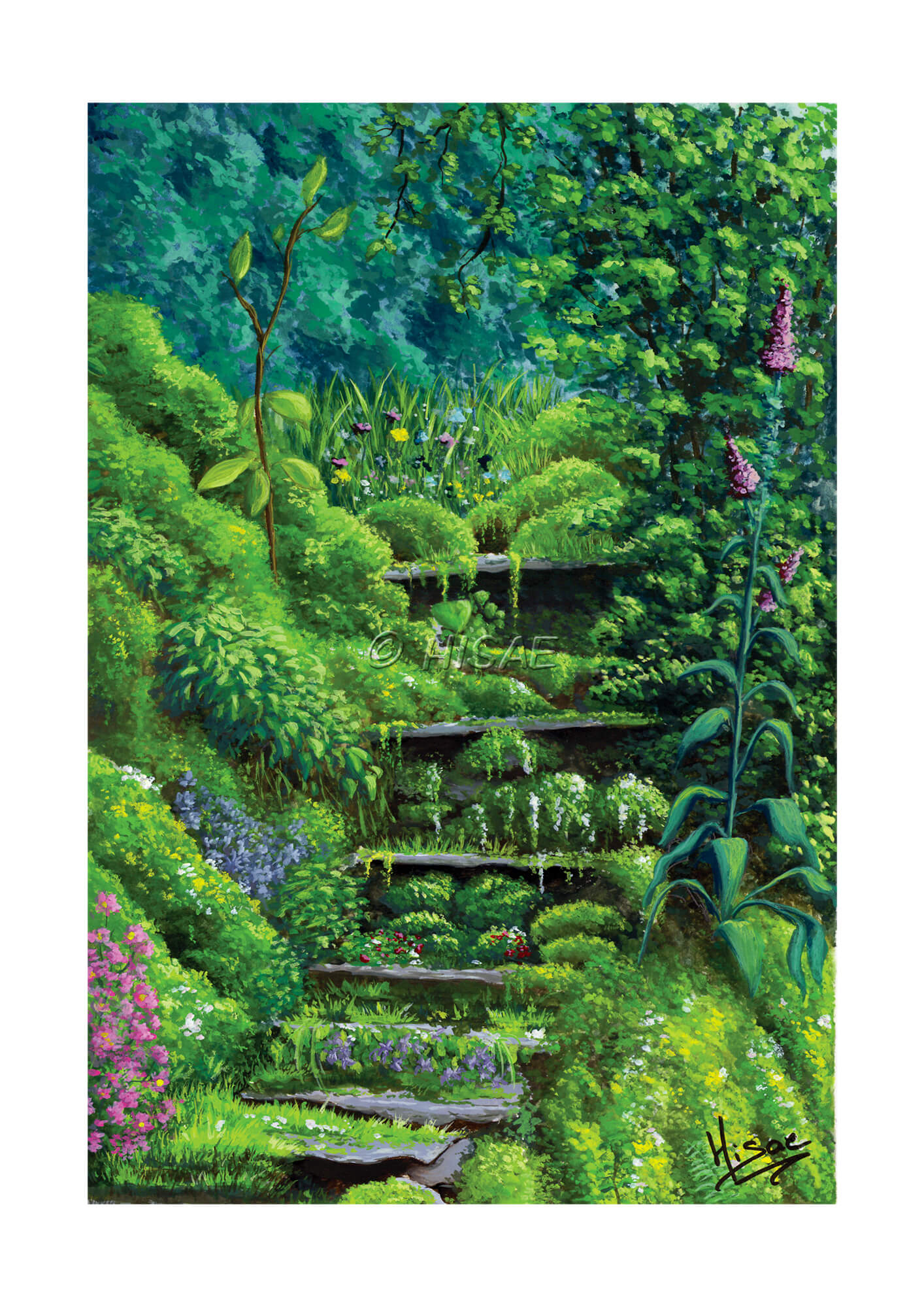 Dessin à la gouache représentant un escalier perdu dans la nature et croulant sous la verdure @Hisae illustrations