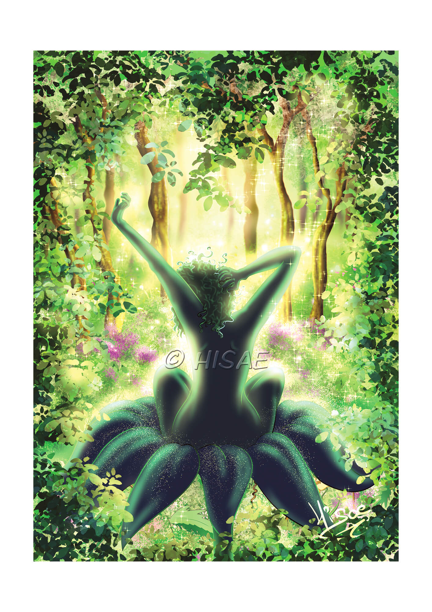 Dessin numérique représentant Dame Nature assise dans une fleur en train de s'éveiller dans une forêt @Hisae illustrations
