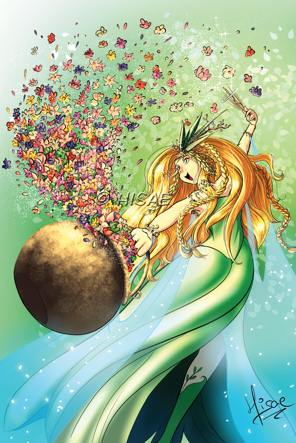 Dessin numérique en format carte postale représentant la sorcière du printemps qui fait apparaître des fleurs dans son chaudron @Hisae illustrations