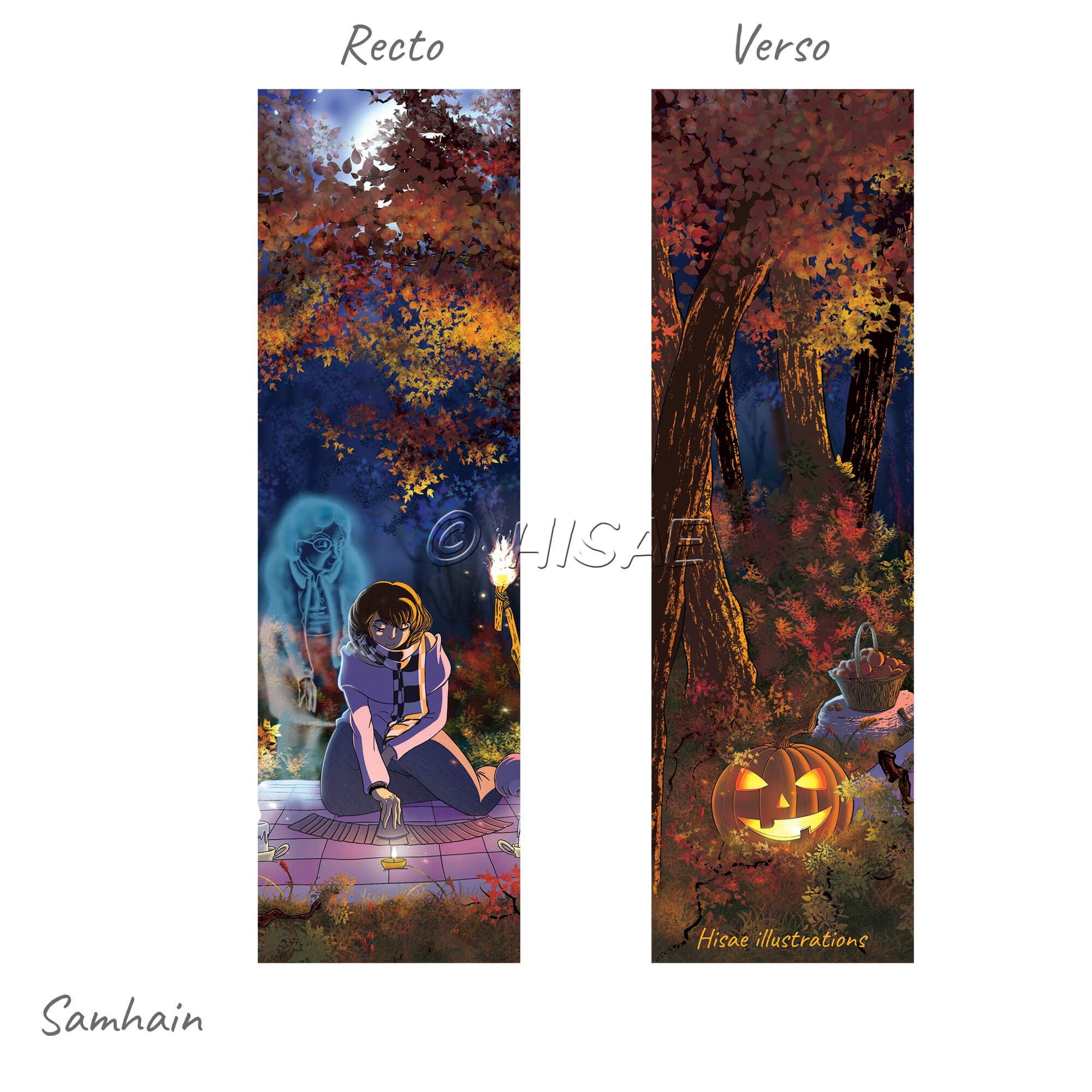 Marque-page numérique représentant une femme tirant les cartes dans les bois sous le regard du fantôme de sa grand-mère, le soir de Samhain ©Hisae illustrations