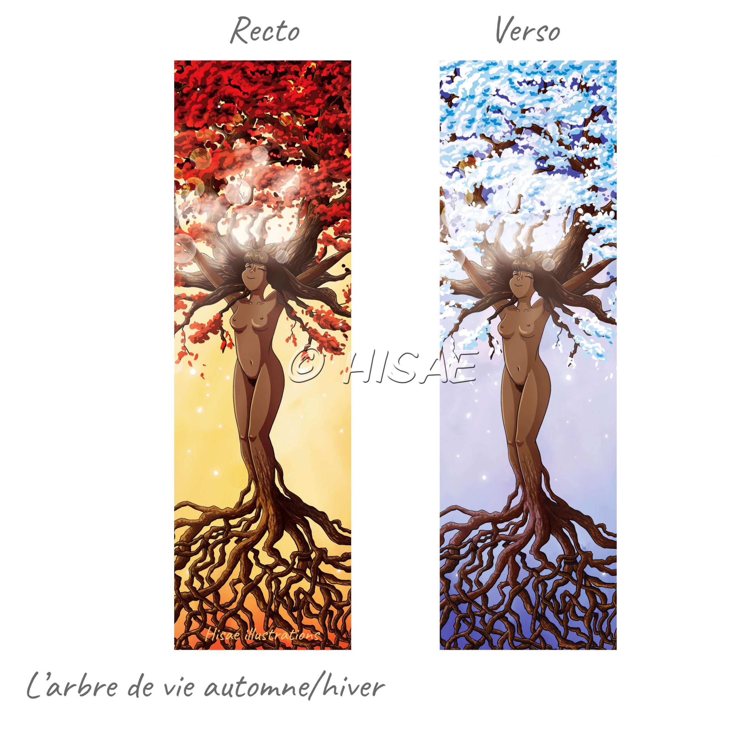Marque-page numérique représentant la femme arbre-monde, en automne et en hiver ©Hisae illustrations