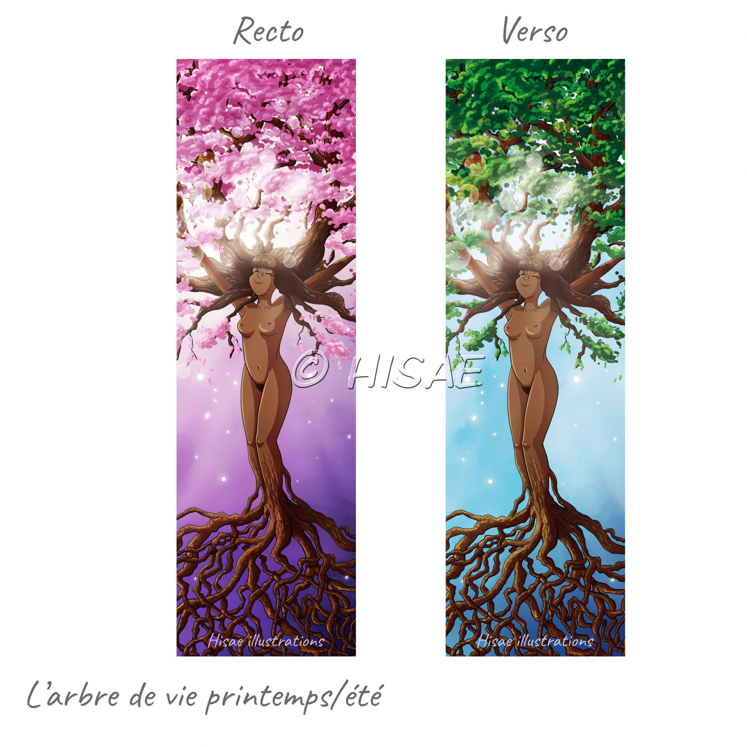 Marque-page numérique représentant la femme arbre-monde, au printemps et en été ©Hisae illustrations