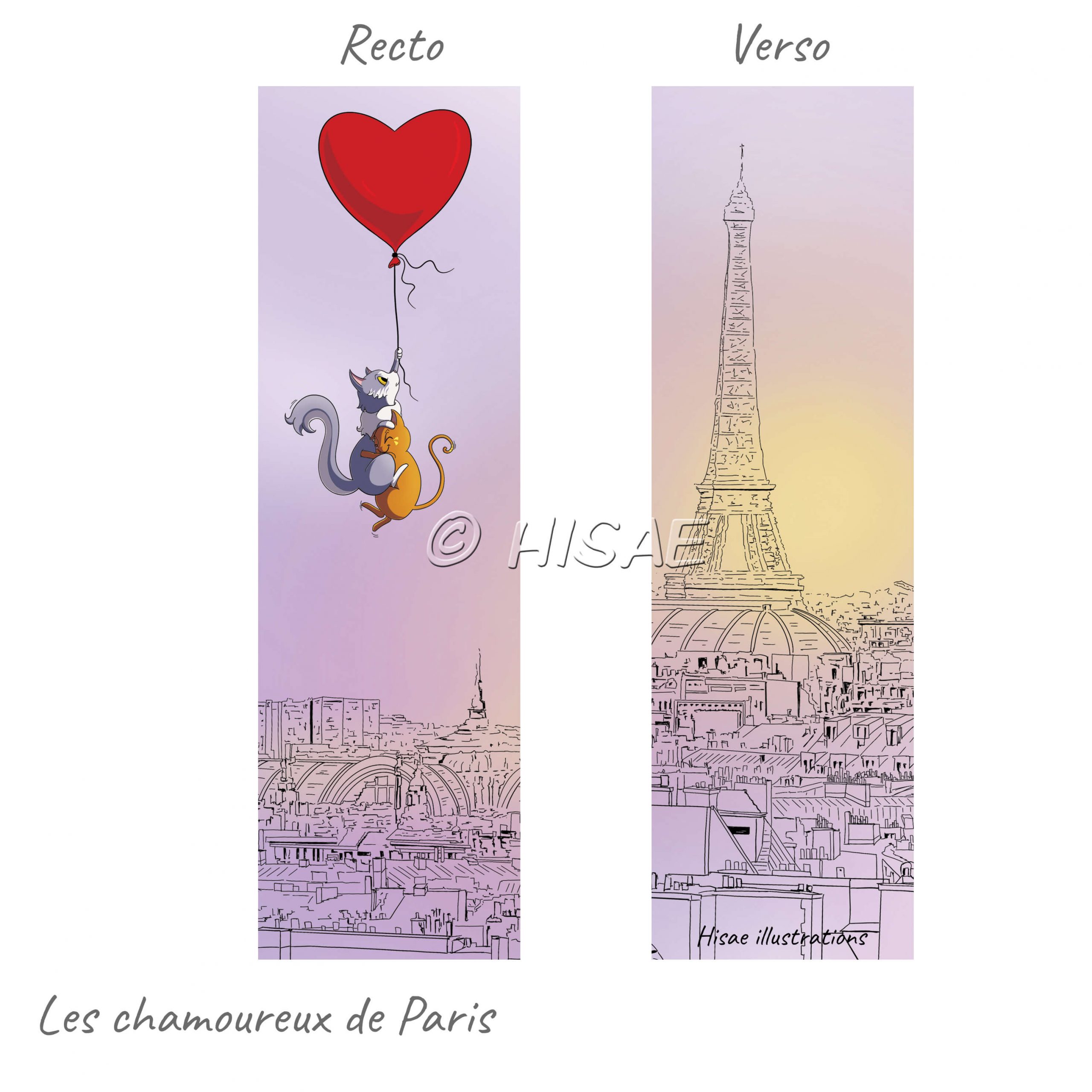 Marque-page numérique représentant deux chats amoureux survolant Paris accrochés à un ballon en forme de cœur qui s'envolent au dessus de Paris ©Hisae illustrations