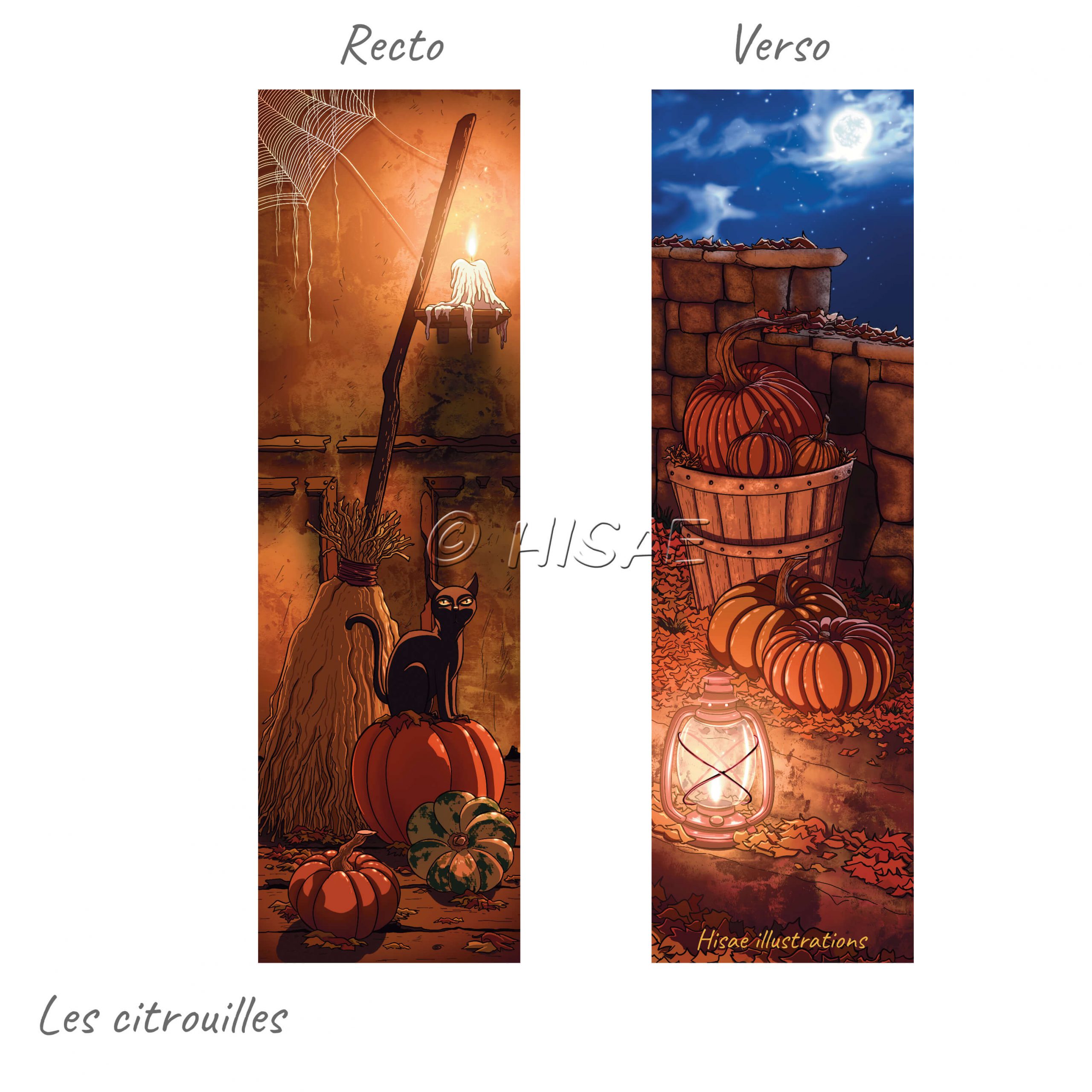 Marque-page numérique d'Halloween représentant d'un côté un chat sur un citrouille près d'un balai et de l'autre des citrouille dans des feuilles d'automne ©Hisae illustrations