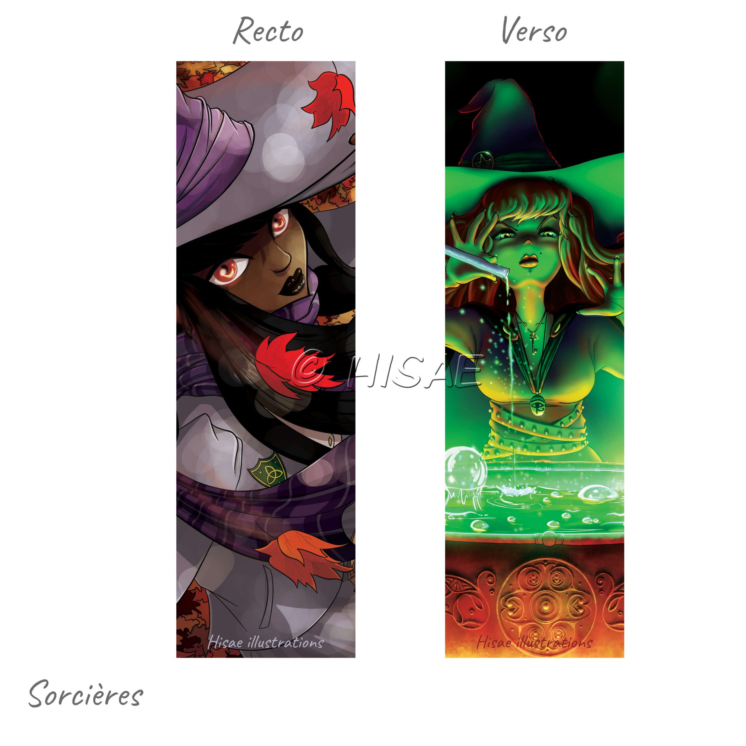 Marque-page numériques représentant deux sorcières, l'une lisant dans les feuilles d'automne, l'autre au-dessus de son chaudron ©Hisae illustrations