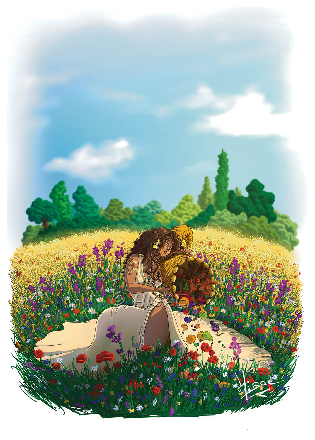 Dessin numérique représentant la sorcière de l'été agenouillée dans un champ de blé et de fleurs déversant le contenu de sa corne d'abondance @Hisae illustrations